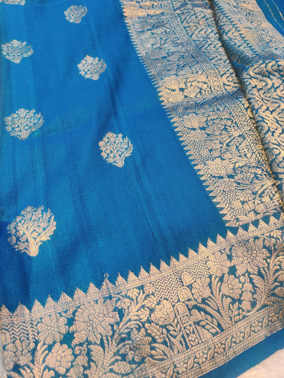Banarasi Handloom 100% Pure Khaddi Tussar Georgette Kadwa Saree in Teal Blue