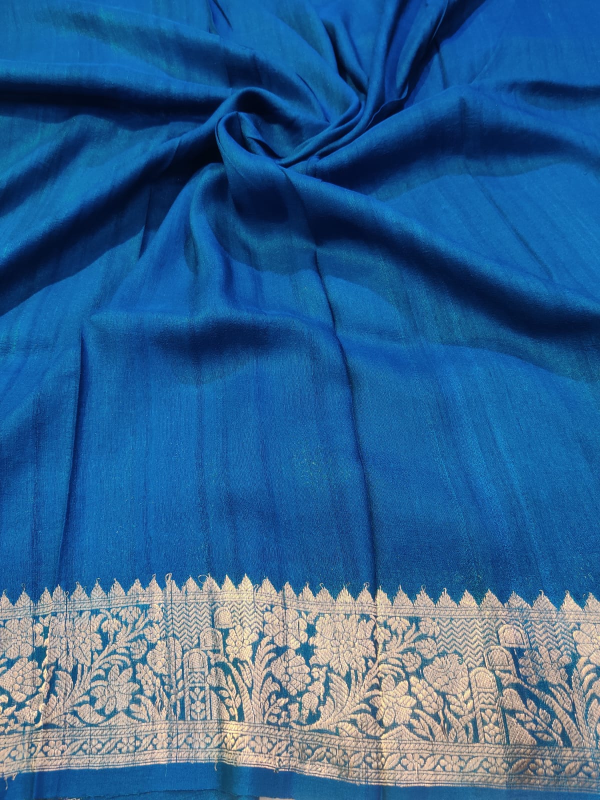 Banarasi Handloom 100% Pure Khaddi Tussar Georgette Kadwa Saree in Teal Blue