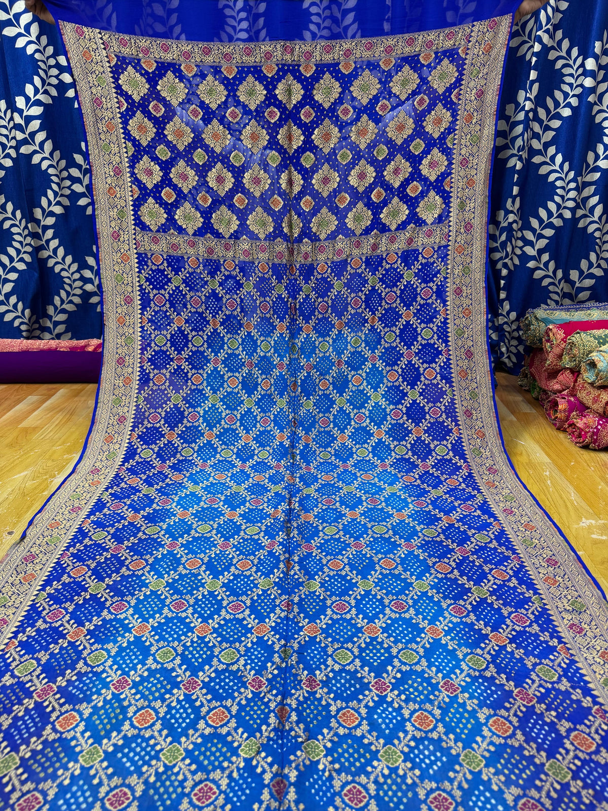 Royal Blue Pure Georgette Banarasi Bandhej Saree with Multicolour Zari Butti & Rich Woven Border