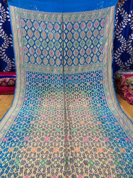 Pure Khaddi Georgette Banarasi Rai Bandhej Saree with Zari Jaal & Meenakari Work