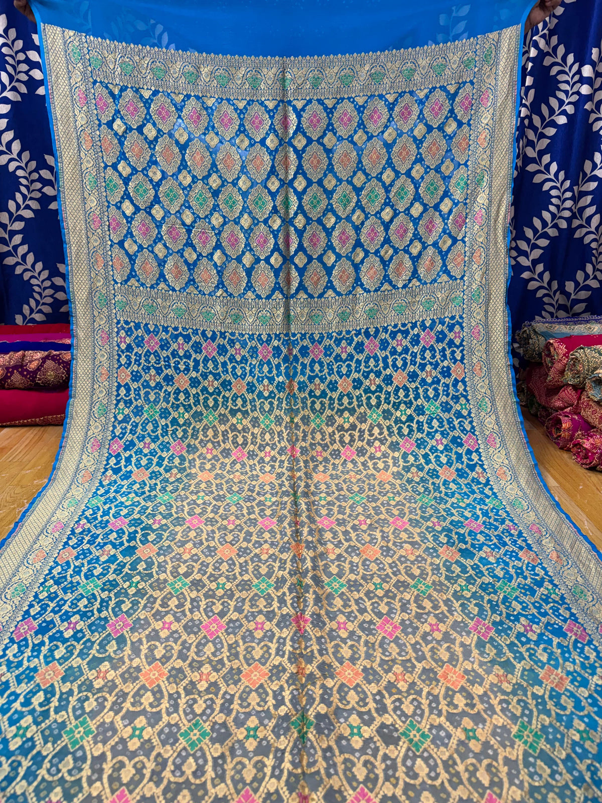 Pure Khaddi Georgette Banarasi Rai Bandhej Saree with Zari Jaal & Meenakari Work