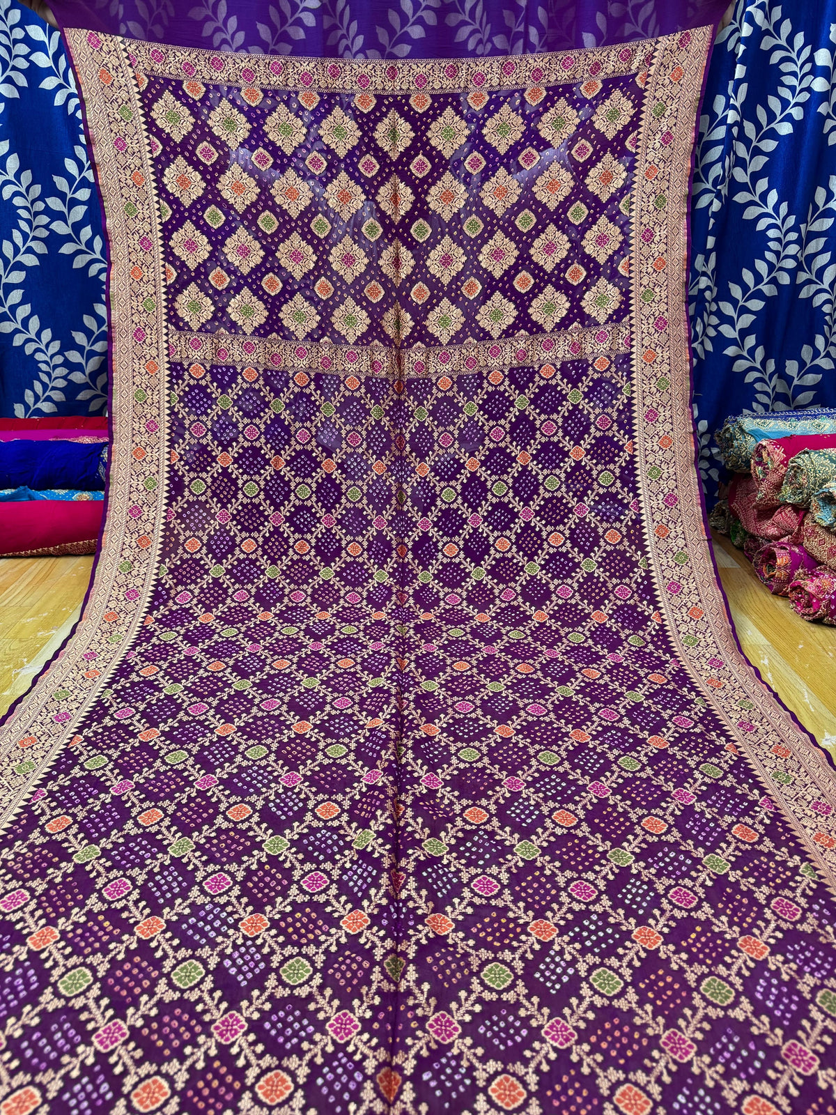 Royal Purple 100% Pure Georgette Banarasi Bandhej Saree with Traditional Floral Jaal