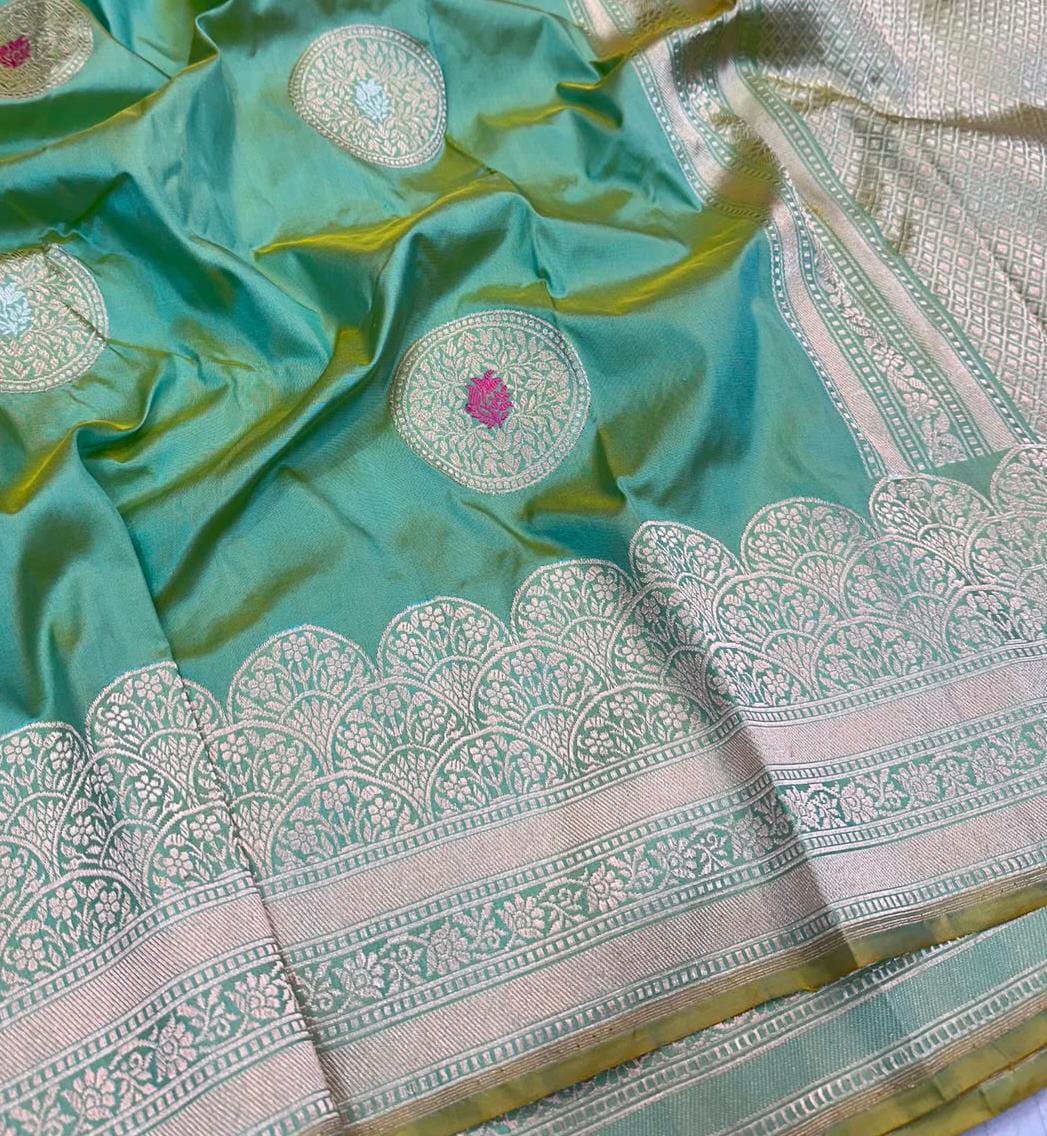 Pure Handloom Banarasi Katan Silk Saree with Double Meenakari Circular Jaal Motifs - Dual-Tone Pistachio & Mint Green