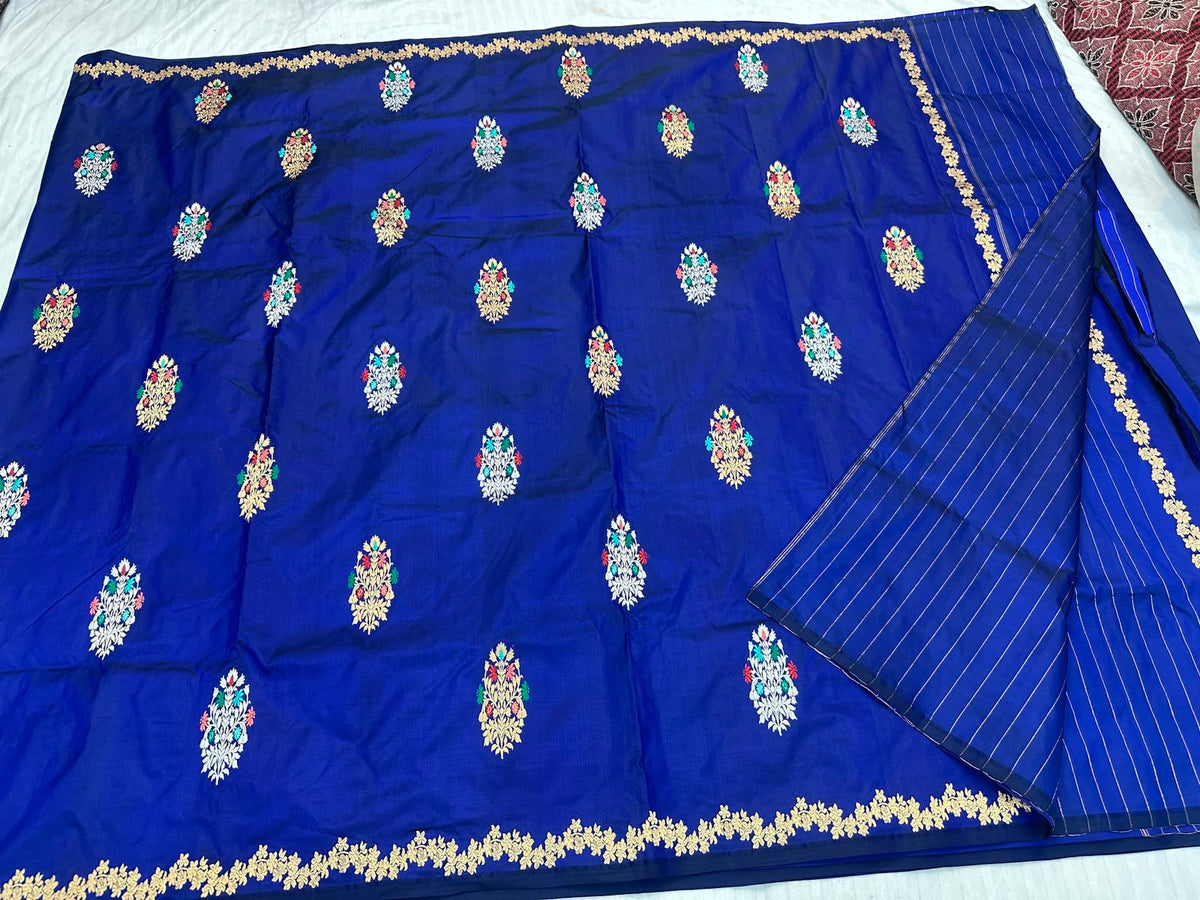 Banarasi Pure Double Katan Silk Handwoven Saree – Royal Blue with Multicolour Meena Floral Buta & Zari Border
