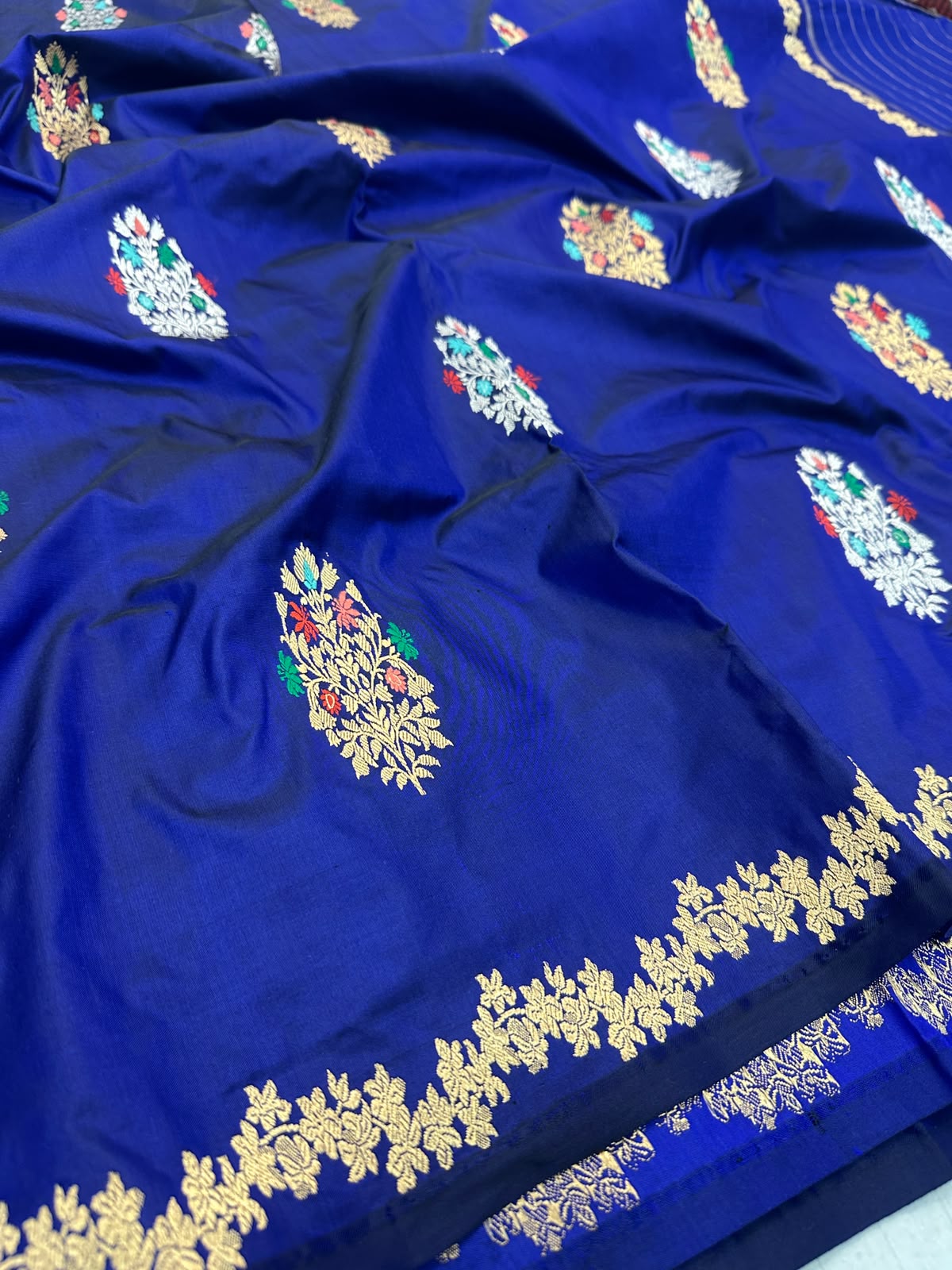 Banarasi Pure Double Katan Silk Handwoven Saree – Royal Blue with Multicolour Meena Floral Buta & Zari Border