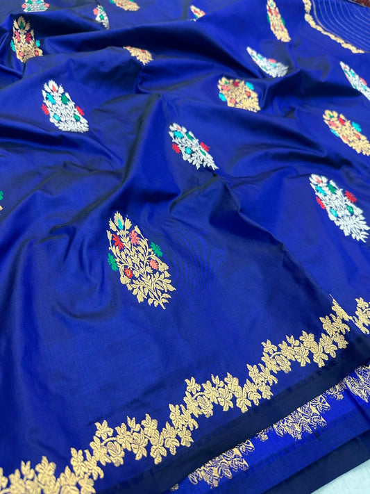 Banarasi Pure Double Katan Silk Handwoven Saree – Royal Blue with Multicolour Meena Floral Buta & Zari Border