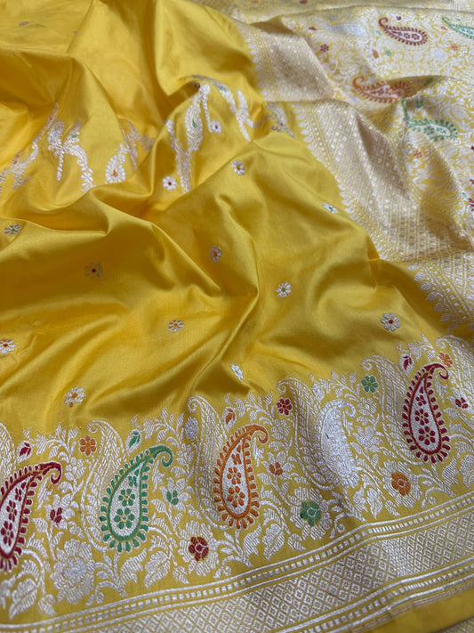 Banarasi Mustard Yellow Pure Katan Silk Handloom Saree with Multicolour Paisley Kadwa Weave