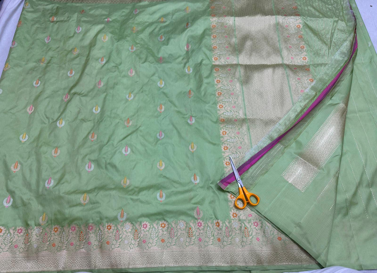 Banarasi 100% Pure Double Meena Katan Silk Handloom Saree with Multicolour Floral & Paisley Weave