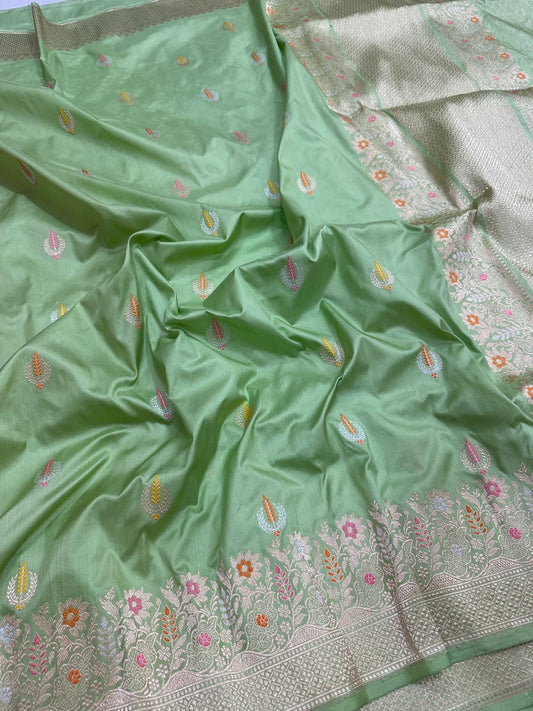 Banarasi 100% Pure Double Meena Katan Silk Handloom Saree with Multicolour Floral & Paisley Weave