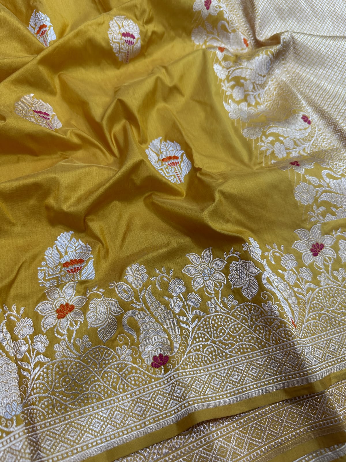 Pure Handloom Banarasi Katan Silk Saree with Double Meenakari Floral Work - Mustard Yellow