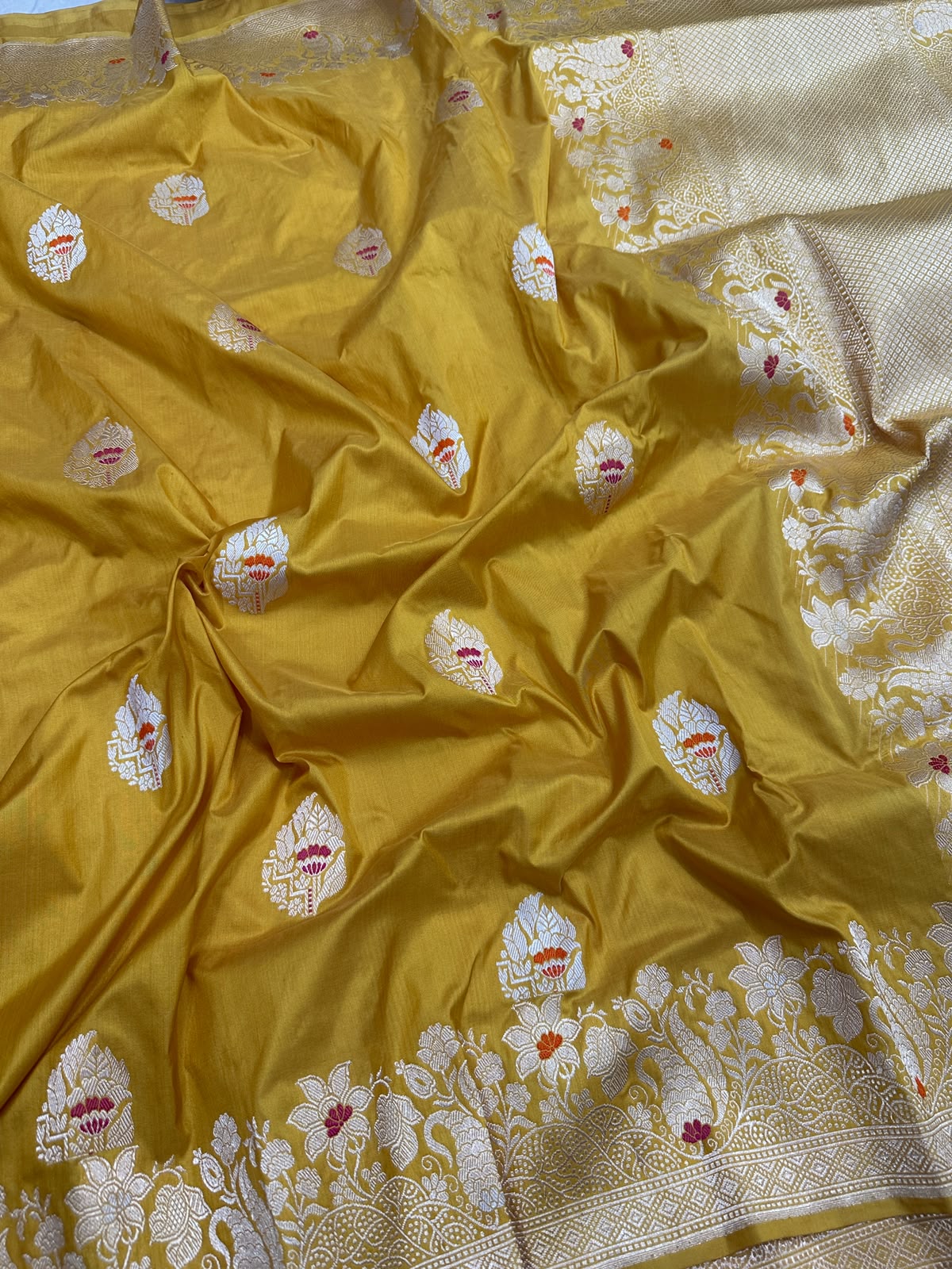 Pure Handloom Banarasi Katan Silk Saree with Double Meenakari Floral Work - Mustard Yellow
