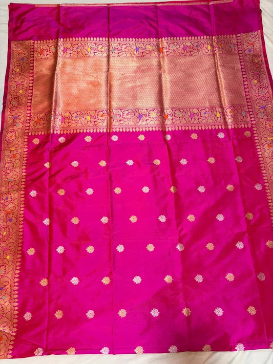 Banarasi 100% Pure Katan Silk Ektara Handloom Saree – Rani Pink with Antique Gold Zari Floral Border