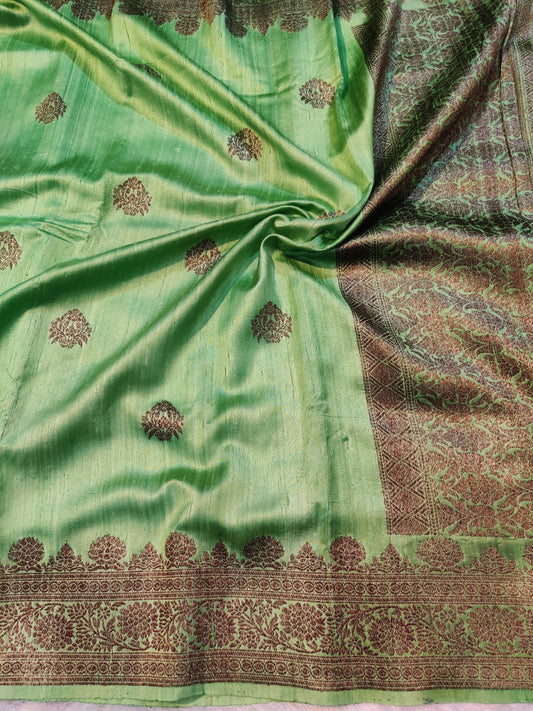 Banarasi 100% Pure Raw Silk Handloom Green Floral Jaal Saree