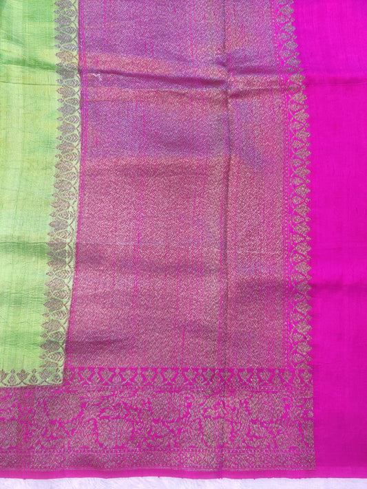Banarasi 100% Pure Raw Silk Handloom Parrot Green & Magenta Dual-Tone Saree