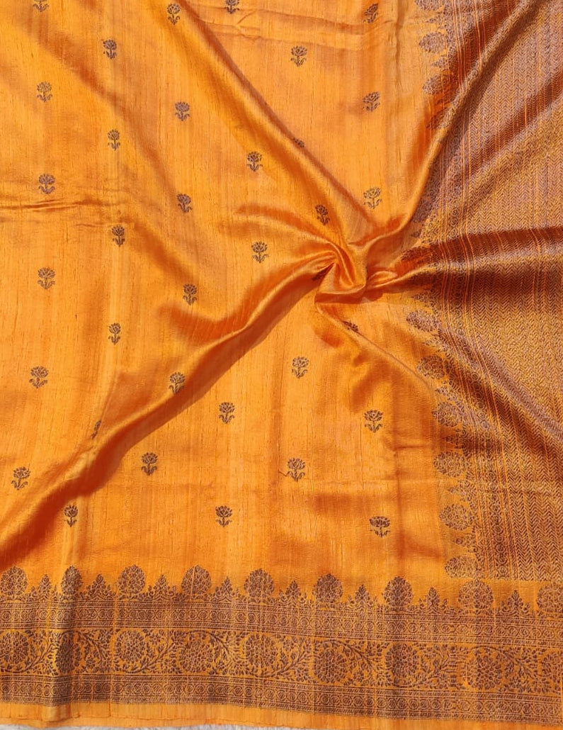 Banarasi 100% Pure Raw Silk Handloom Saree – Royal Marigold Orange with Antique Zari