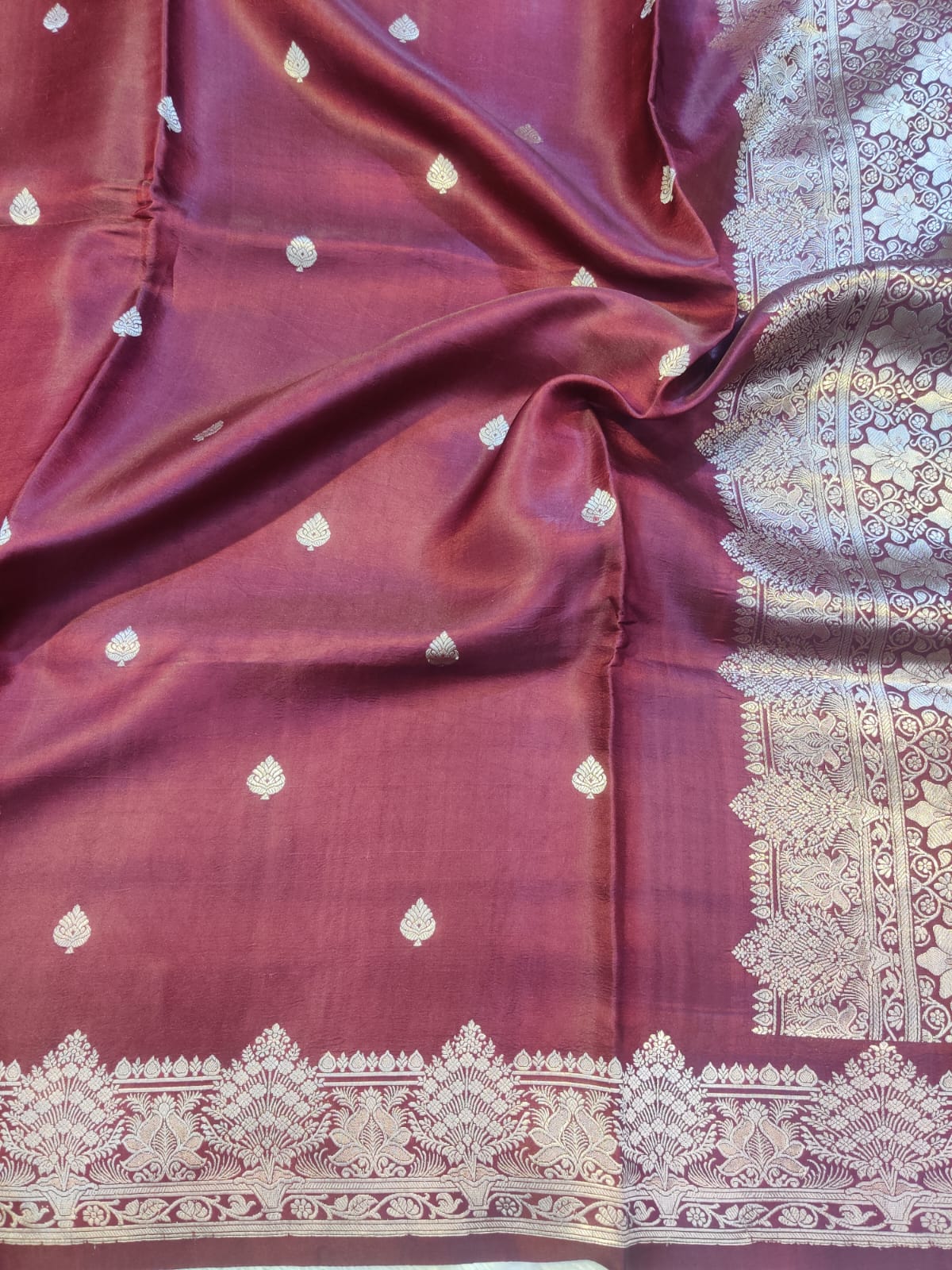 Banarasi 100% Pure Handwoven Mashru Premium Silk Saree – Wine Maroon with Silver Zari