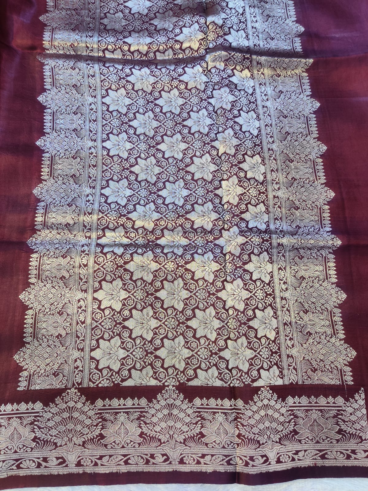 Banarasi 100% Pure Handwoven Mashru Premium Silk Saree – Wine Maroon with Silver Zari