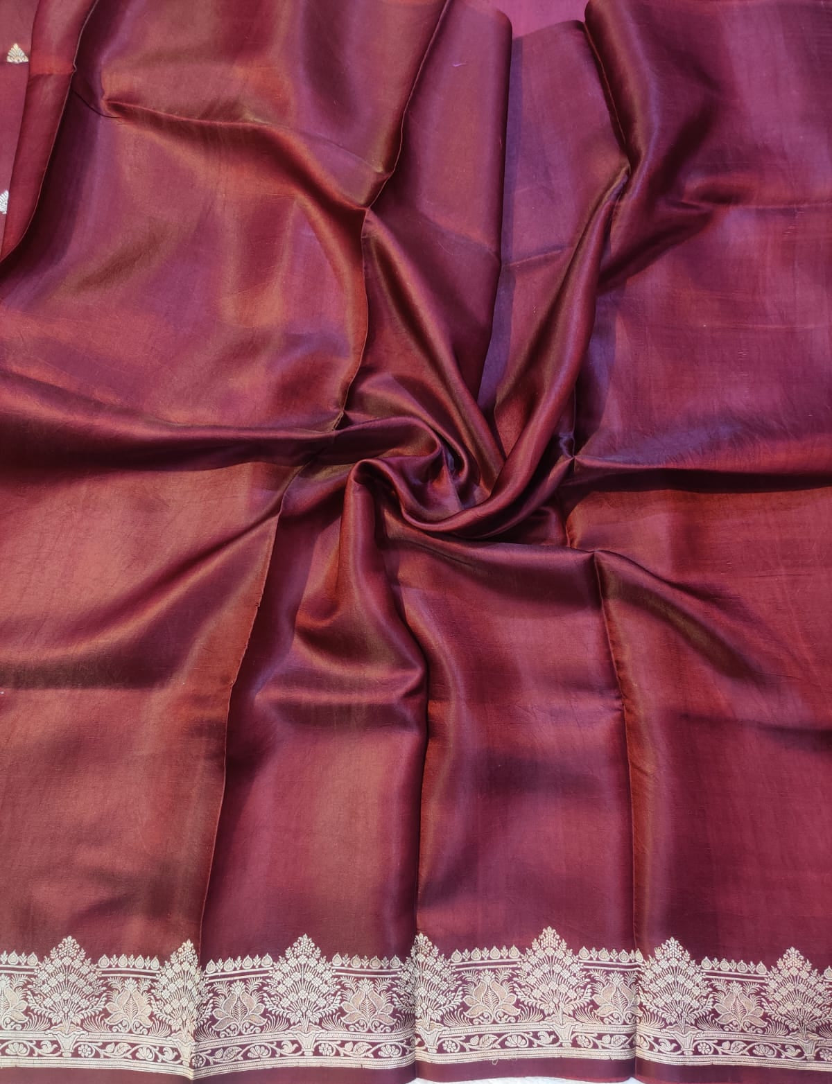 Banarasi 100% Pure Handwoven Mashru Premium Silk Saree – Wine Maroon with Silver Zari