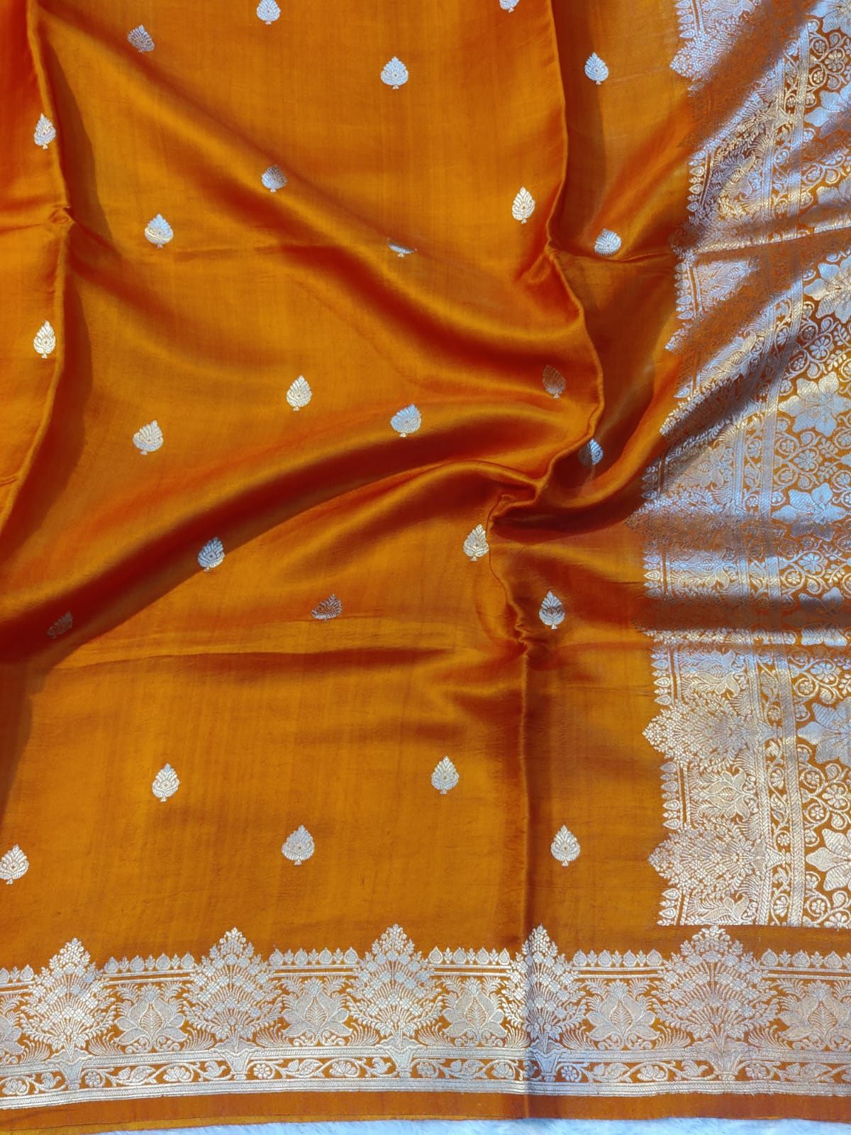 Banarasi 100% Pure Handwoven Mashru Premium Silk Saree – Royal Saffron Orange with Silver Zari