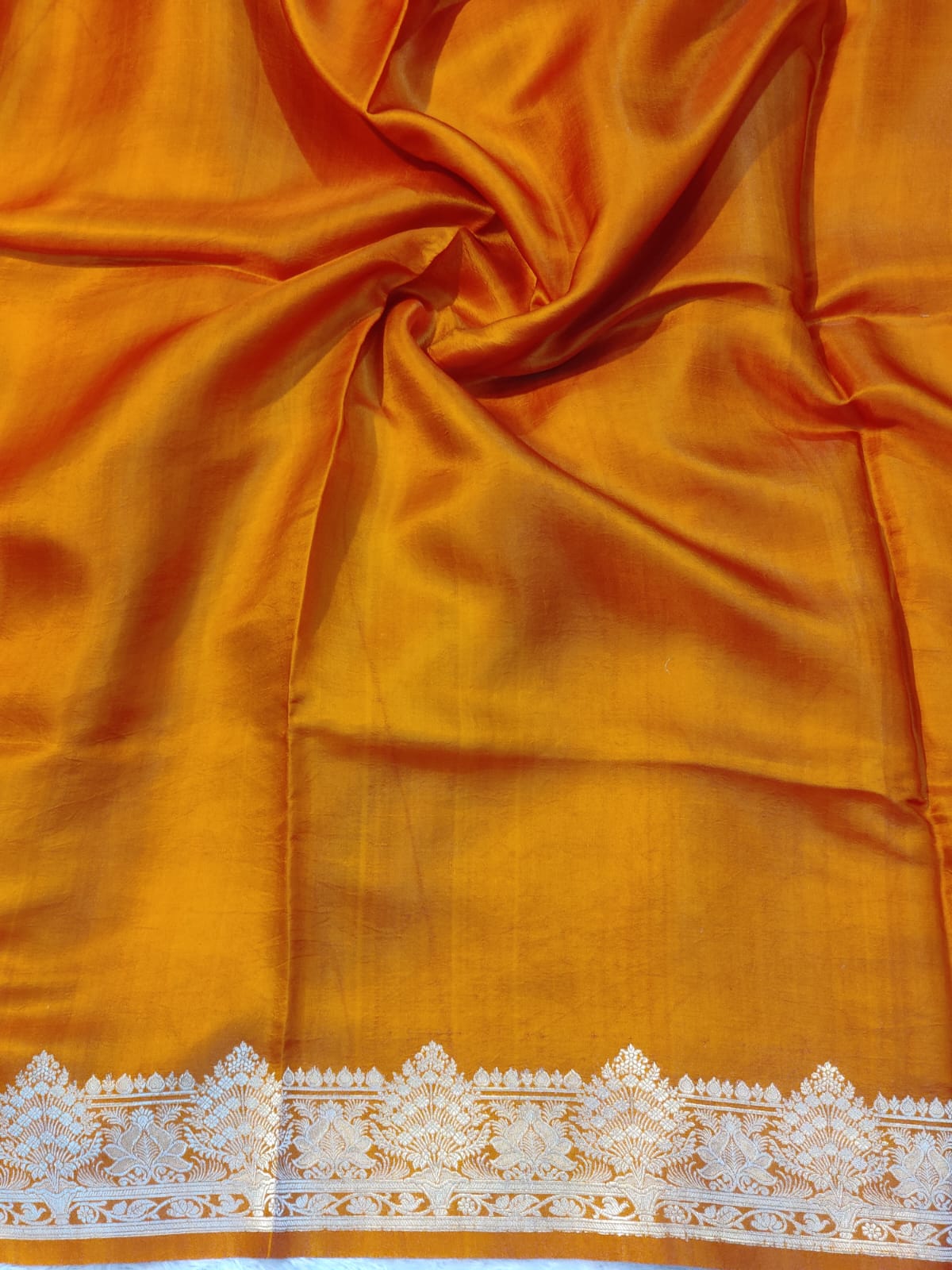 Banarasi 100% Pure Handwoven Mashru Premium Silk Saree – Royal Saffron Orange with Silver Zari