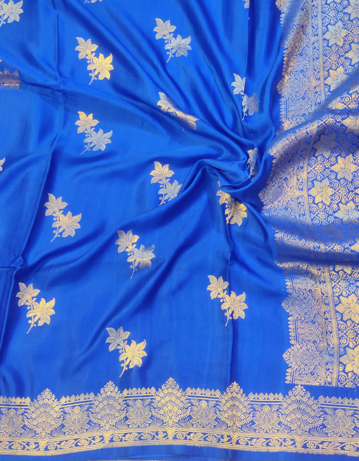 Banarasi Royal Blue Handwoven Mashru Premium Silk Saree with Gold Floral Jaal & Rich Zari Border