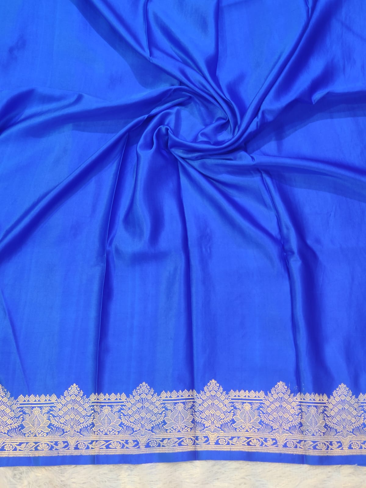 Banarasi Royal Blue Handwoven Mashru Premium Silk Saree with Gold Floral Jaal & Rich Zari Border