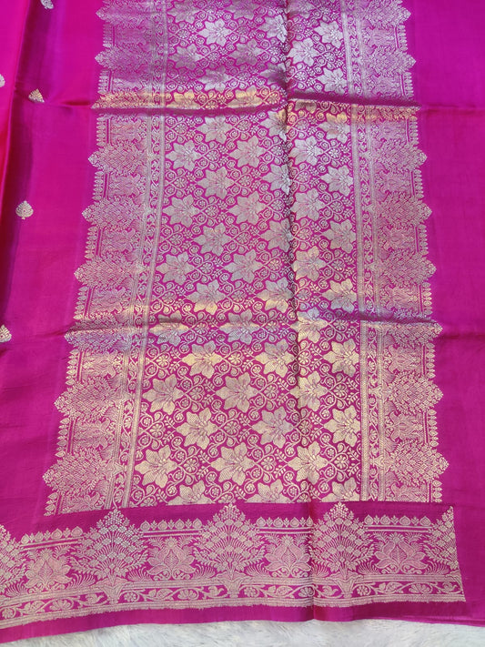 Banarasi Rani Pink 100% Pure Handwoven Mashru Premium Silk Saree with Zari Buti & Grand Floral Border