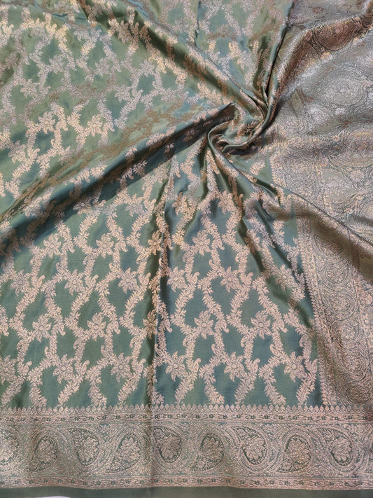 Banarasi Mix Katan Silk Saree – Sage Green Floral Jaal with Antique Silver Zari