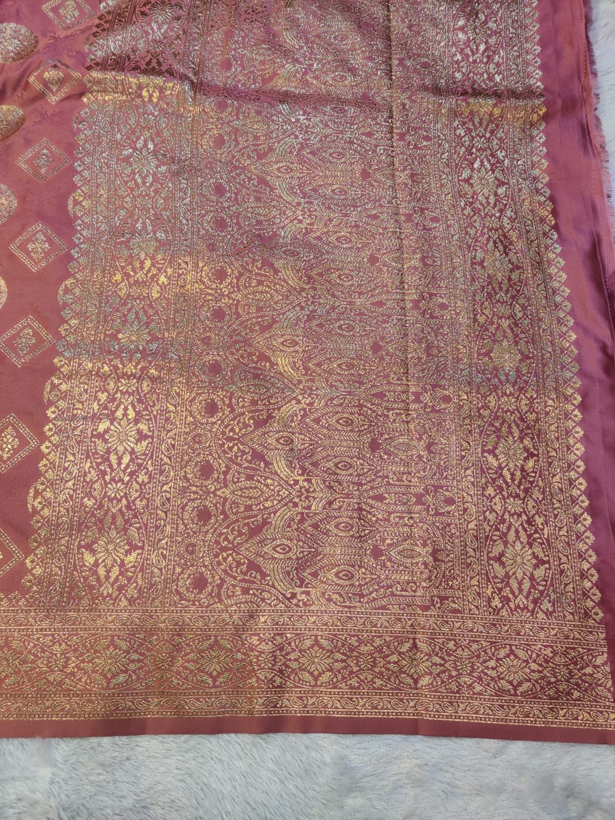 Banarasi Mix Katan Silk Saree – Dusty Rose Pink with Zari Geometric & Floral Motifs