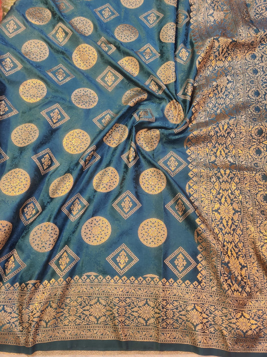 Banarasi Mix Katan Silk Saree in Rich Teal Blue with Antique Gold Zari