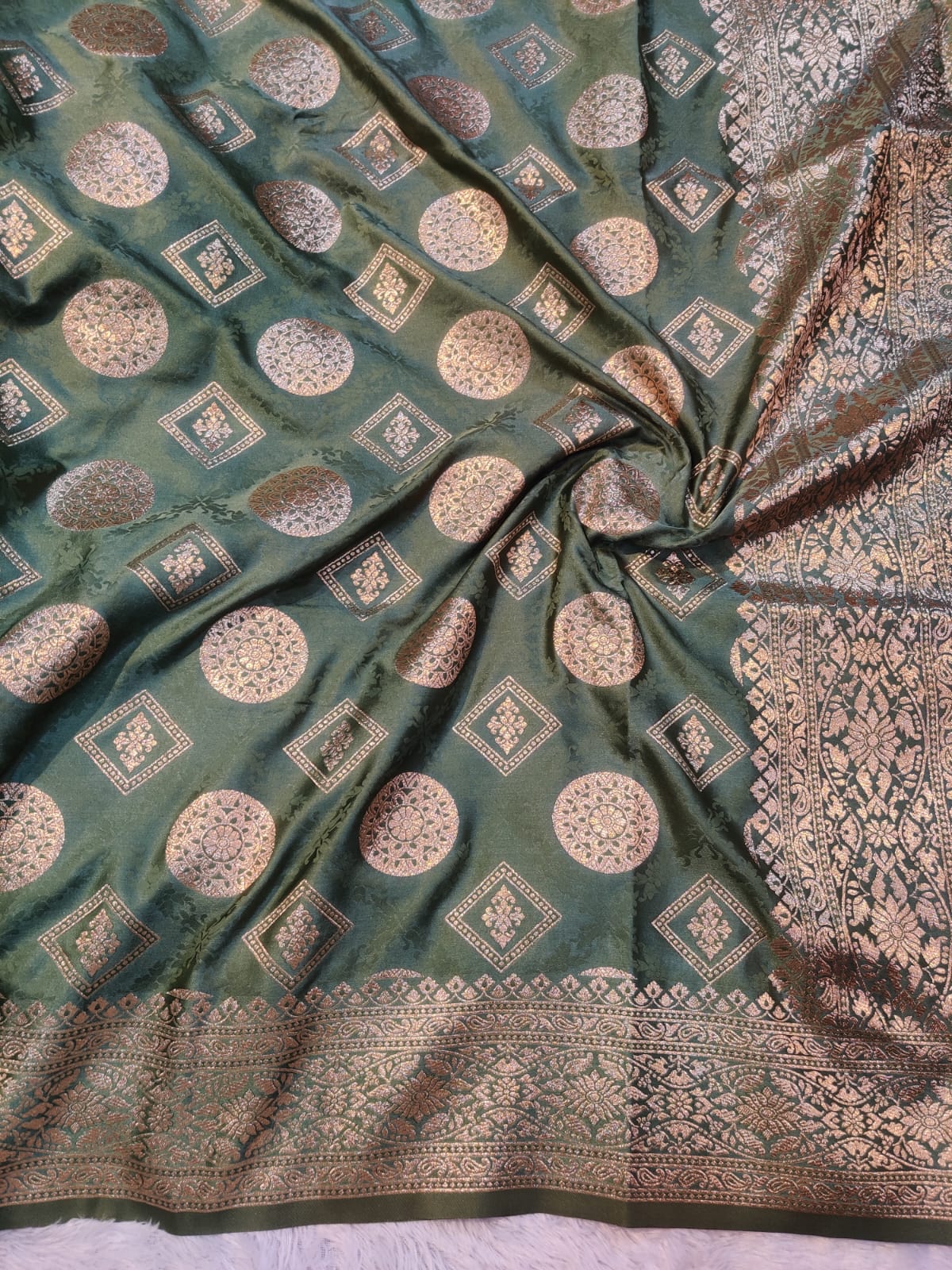 Banarasi Mix Katan Silk Saree – Deep Olive Green with Antique Zari Floral & Geometric Motifs