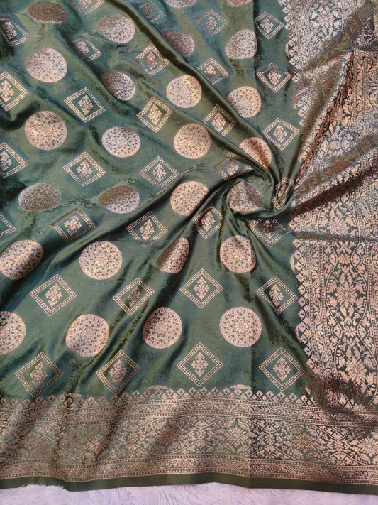 Banarasi Mix Katan Silk Saree – Deep Olive Green with Antique Zari Floral & Geometric Motifs