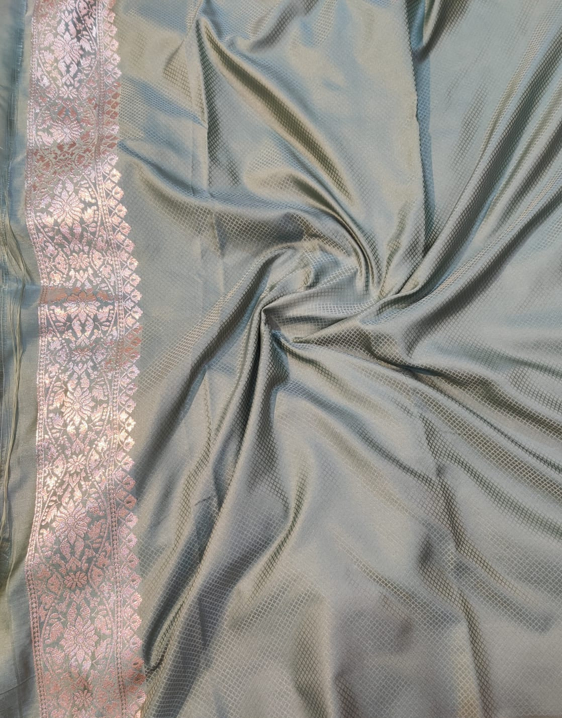 Banarasi Mix Katan Silk Saree – Deep Olive Green with Antique Zari Floral & Geometric Motifs