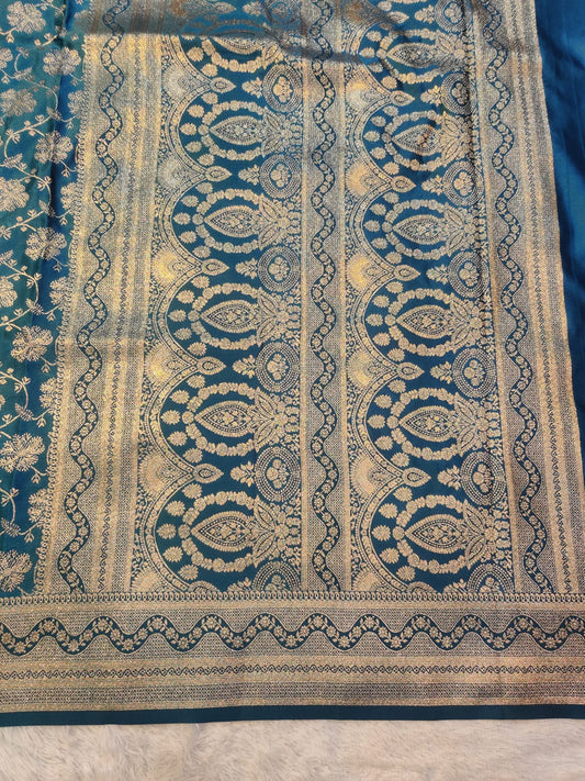 Banarasi Mix Katan Silk Teal Blue Floral Zari Saree with Designer Border