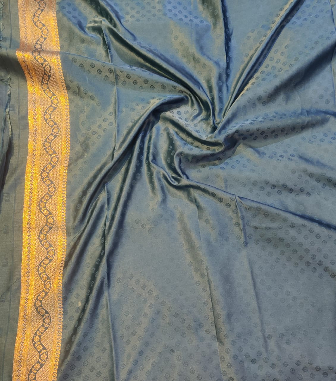 Banarasi Mix Katan Silk Teal Blue Floral Zari Saree with Designer Border