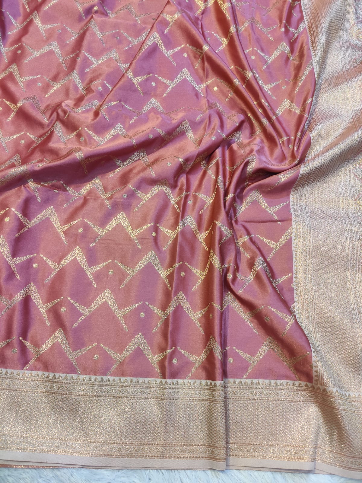 Banarasi Mix Katan Silk Saree with Geometric Chevron Lattice and Champagne Zari Pallu