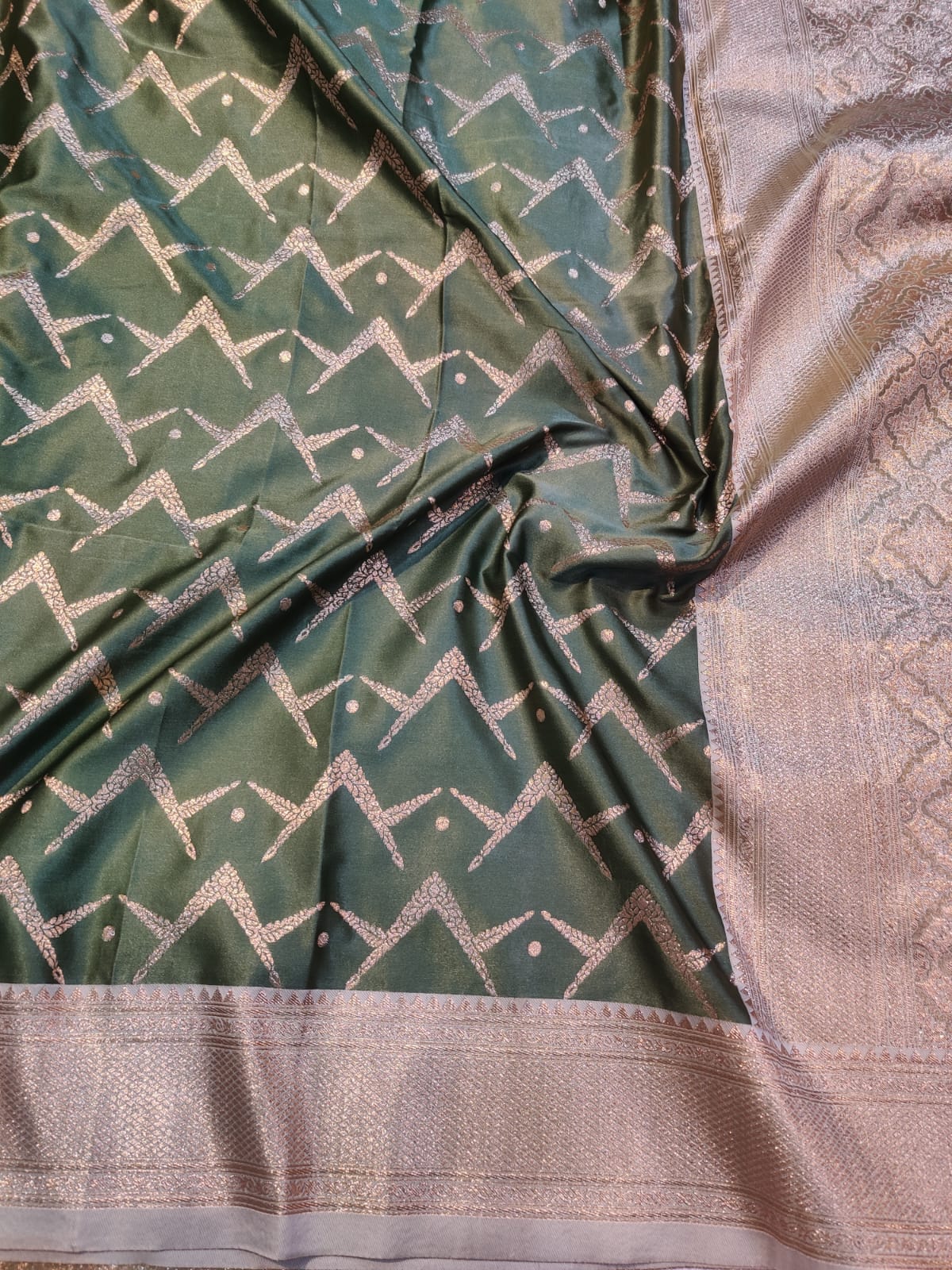 Banarasi Mix Katan Silk Saree with Geometric Chevron Lattice and Champagne Rose Gold Zari Pallu