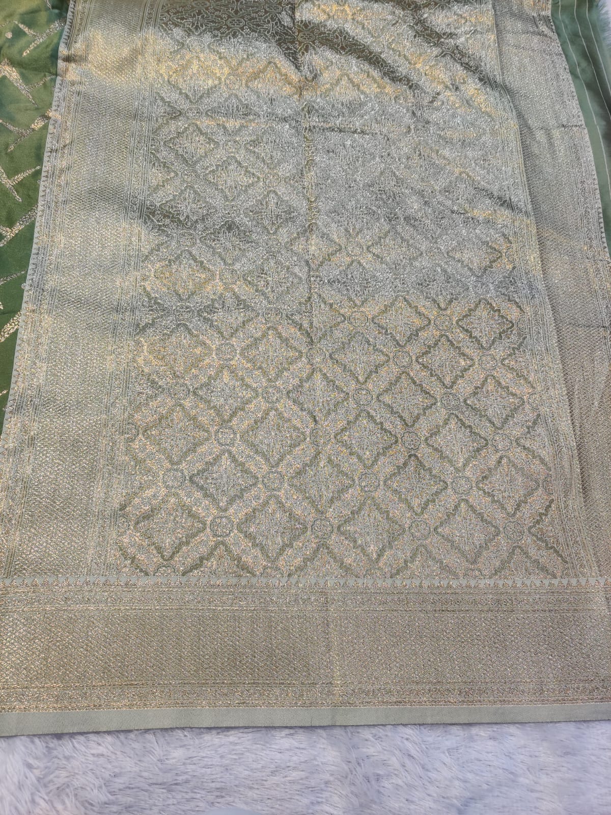 Banarasi Mix Katan Silk Saree with Geometric Chevron Lattice and Champagne Rose Gold Zari Pallu