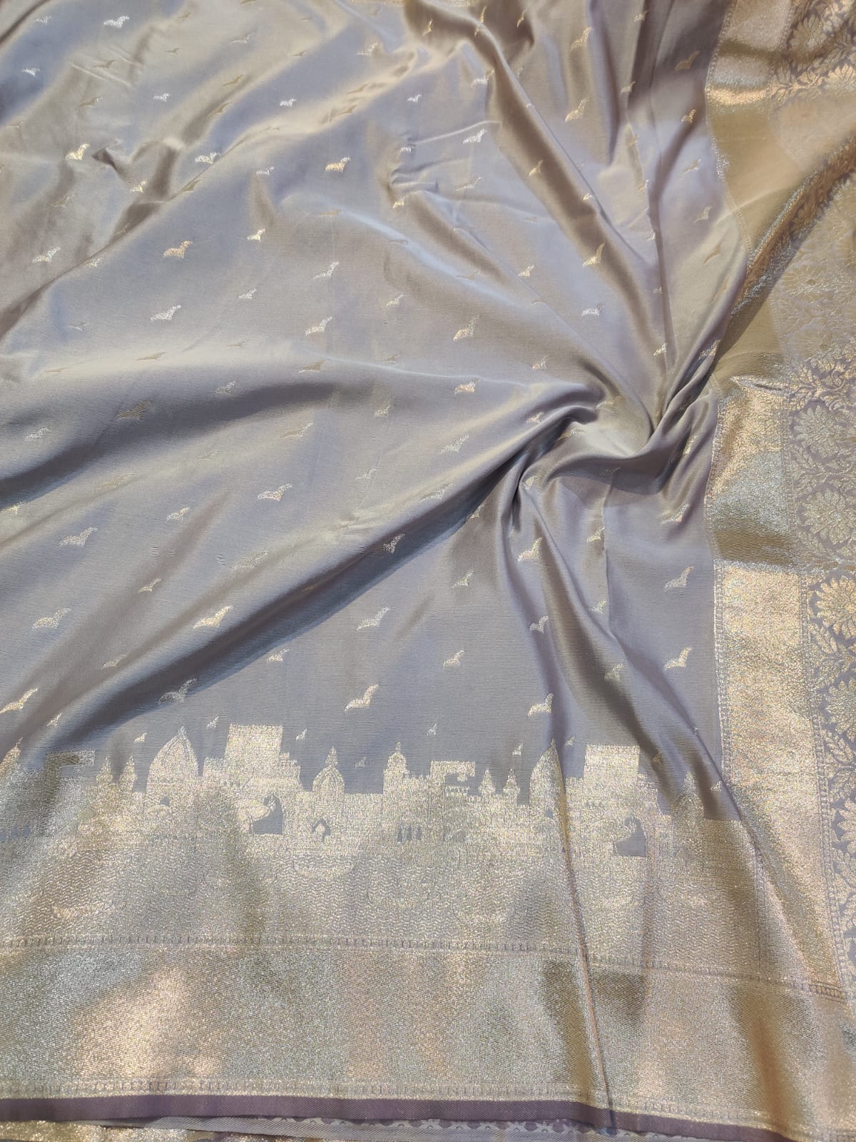 Banarasi Mix Katan Silk Saree with Varanasi Ghat Landscape Border and Flying Bird Motifs