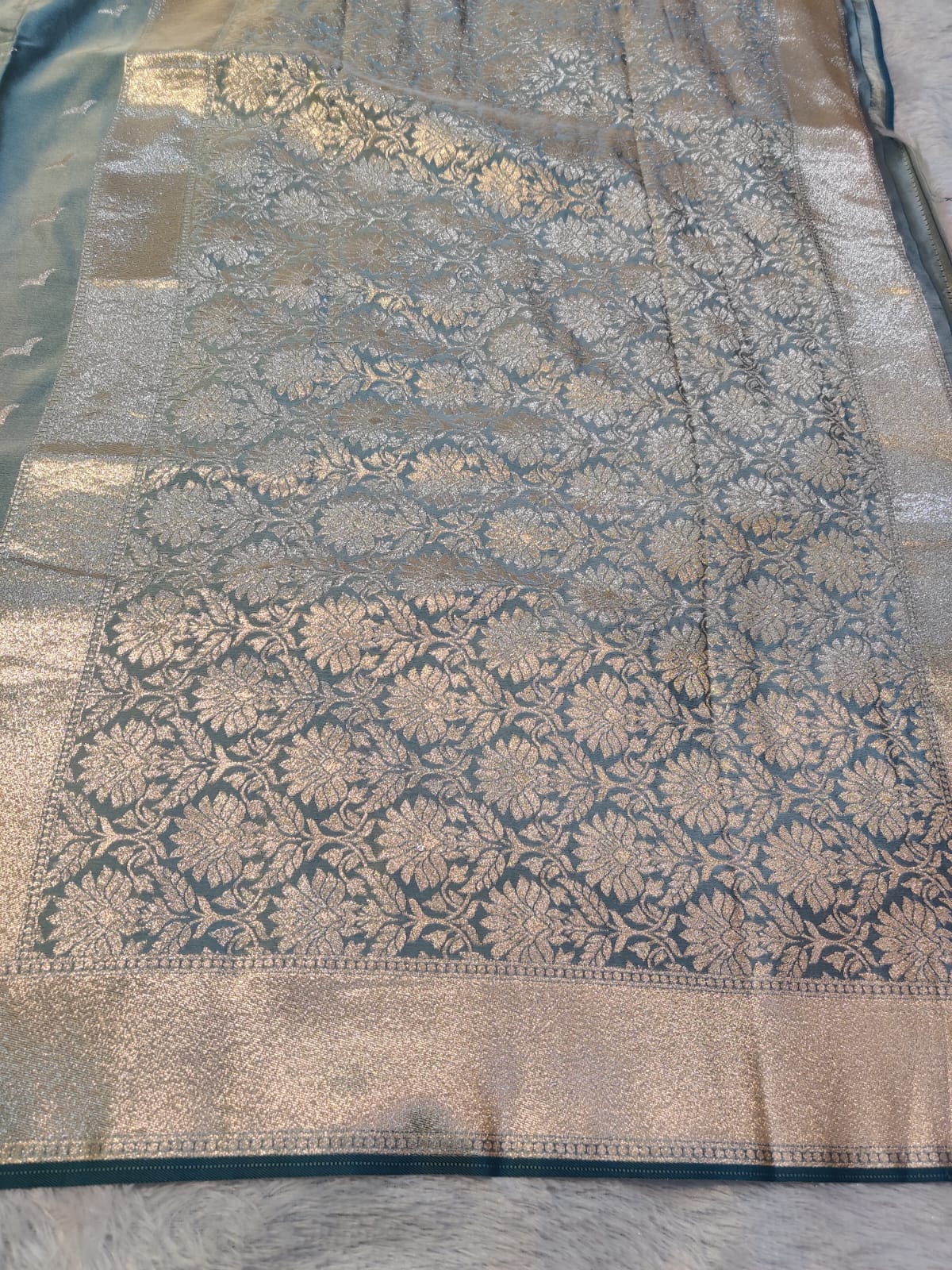 Banarasi Mix Katan Silk Saree with Varanasi Ghat Landscape Border and Flying Bird Motifs