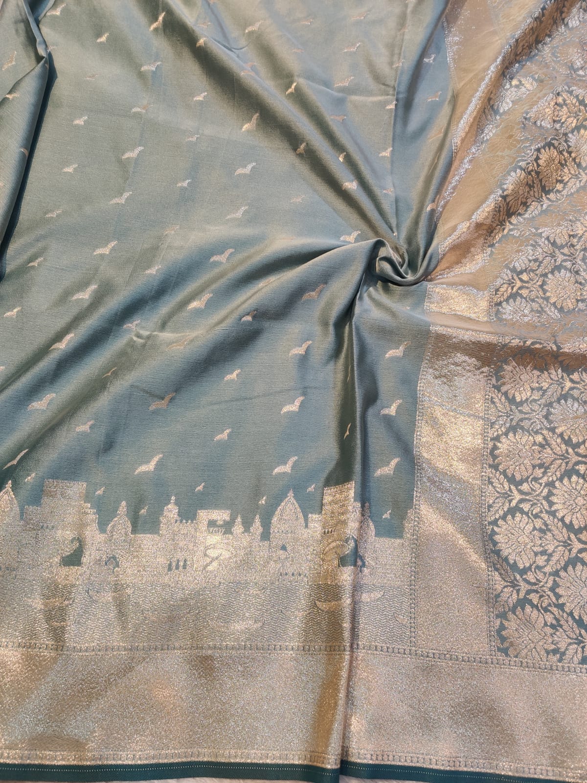 Banarasi Mix Katan Silk Saree with Varanasi Ghat Landscape Border and Flying Bird Motifs