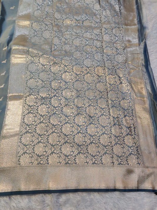 Banarasi Mix Katan Silk Saree with Varanasi Ghat Landscape Border and Flying Bird Motifs