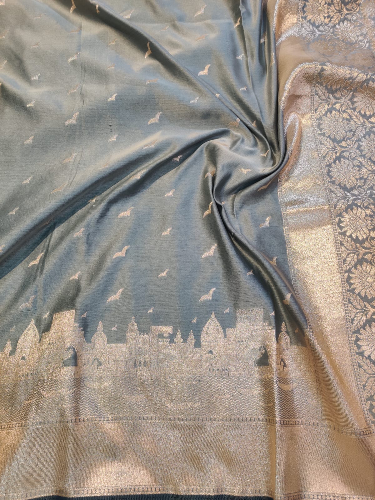 Banarasi Mix Katan Silk Saree with Varanasi Ghat Landscape Border and Flying Bird Motifs