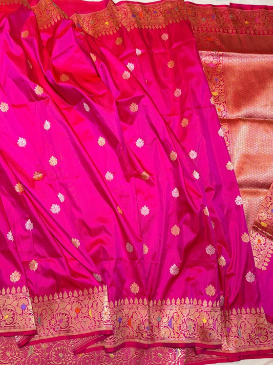 Banarasi 100% Pure Katan Silk Ektara Handloom Saree – Rani Pink with Antique Gold Zari Floral Border