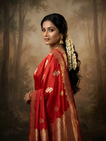 Vermillion Red Katan Silk Saree with Geometric Real Zari Buttas