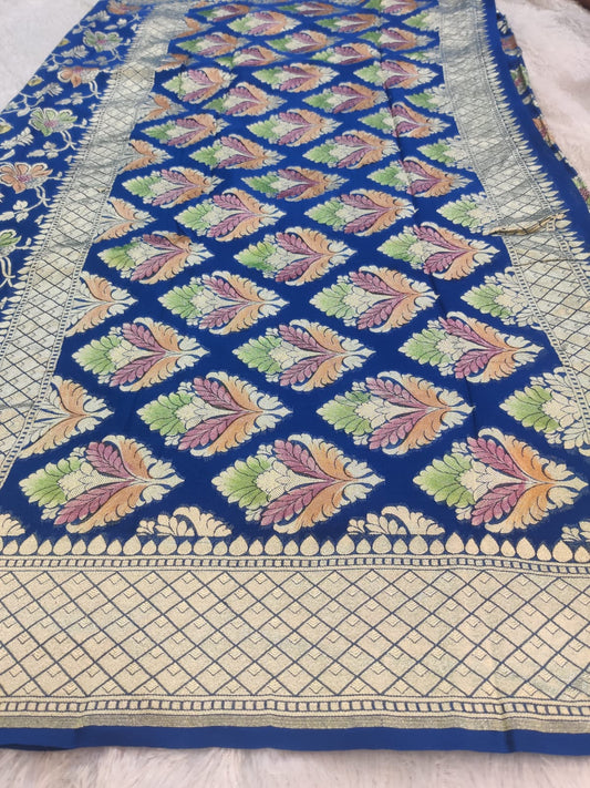 Classic Khaddi Georgette Saree with Meenakari Floral Weaving & Rich Zari Border – Royal Blue