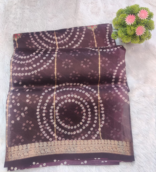 Banarasi Kora Organza Kadua Interlock Weaving Designer Saree – Plum Bandhani-Inspired Motif