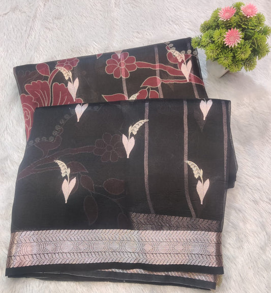 Banarasi Kora Organza Kadua Interlock Weaving Designer Saree – Black Floral Zari