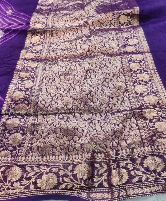 Banarasi Kora Organza Arashi Dyeing Designer Saree with Kadua Interlock Weaving – Royal Purple
