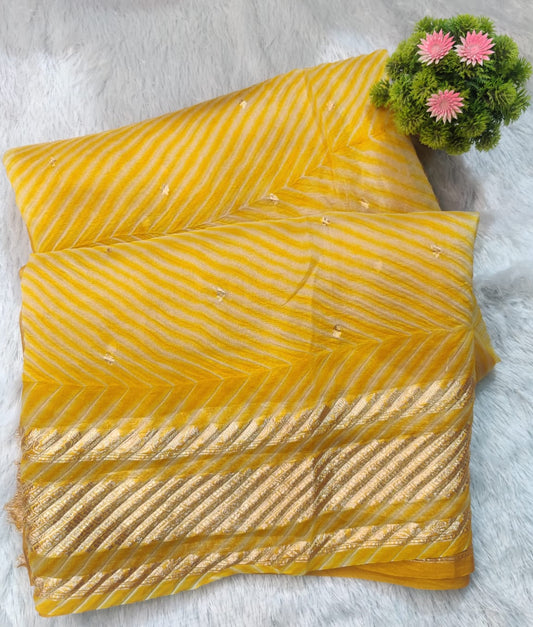 Banarasi Kora Organza Arashi Dyeing Designer Saree with Kadua Interlock Weaving – Mustard Yellow